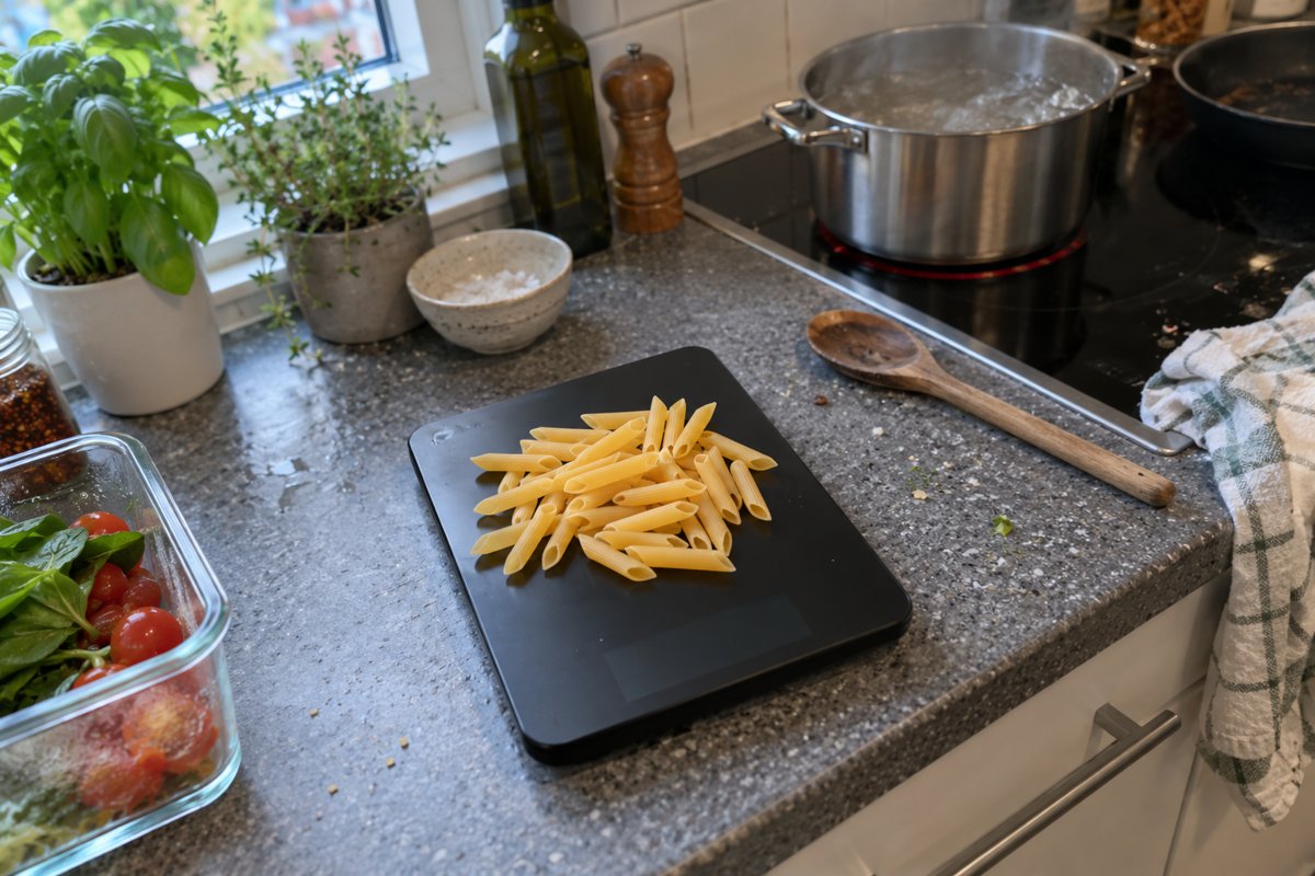 Dry penne on a switched-off kitchen scale, with a pan of water on the hob behind it.