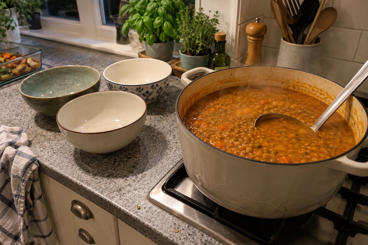 A pot of red lentil soup with a ladle next to three empty bowls on a kitchen worktop.