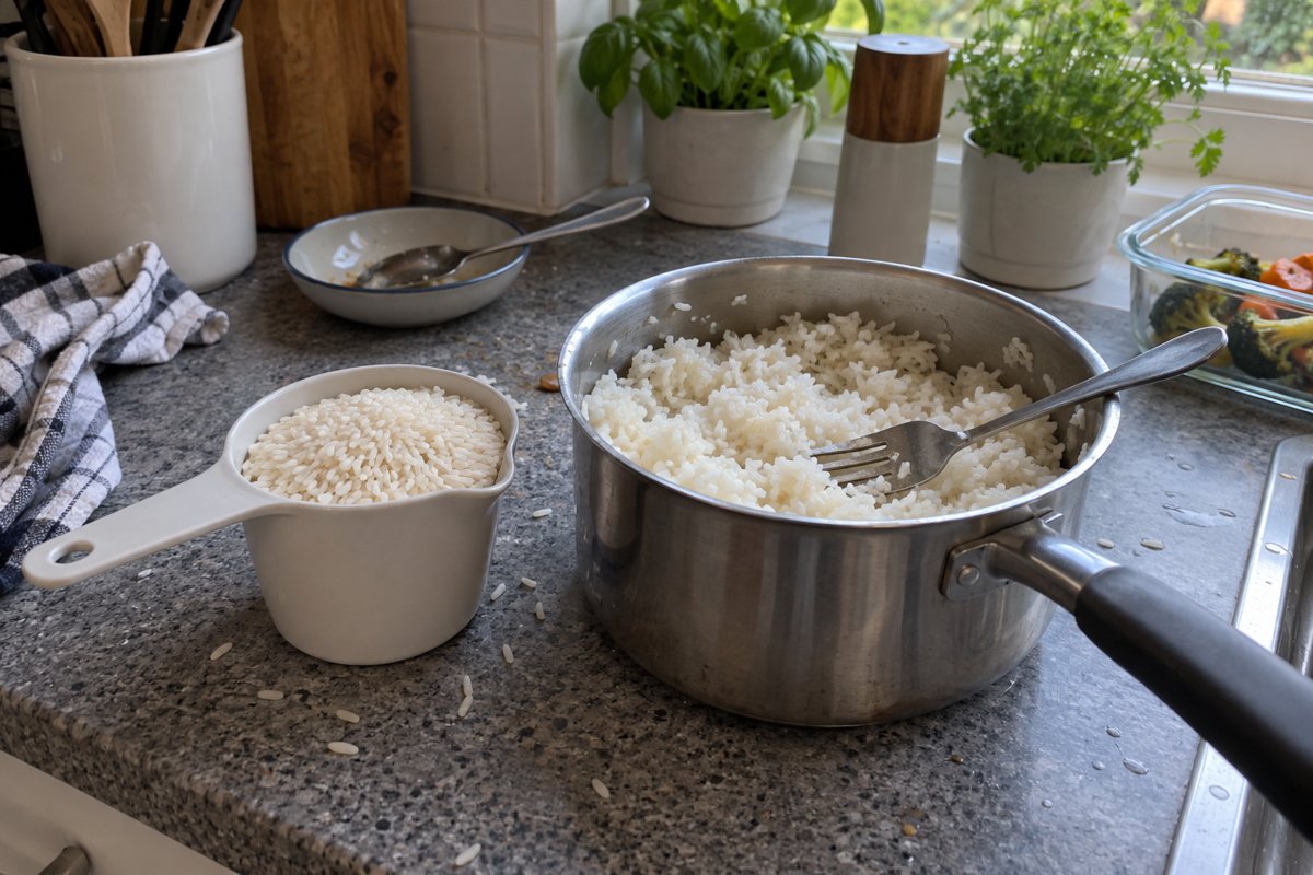 A measuring cup of dry white rice beside a saucepan of cooked rice with a fork in it.