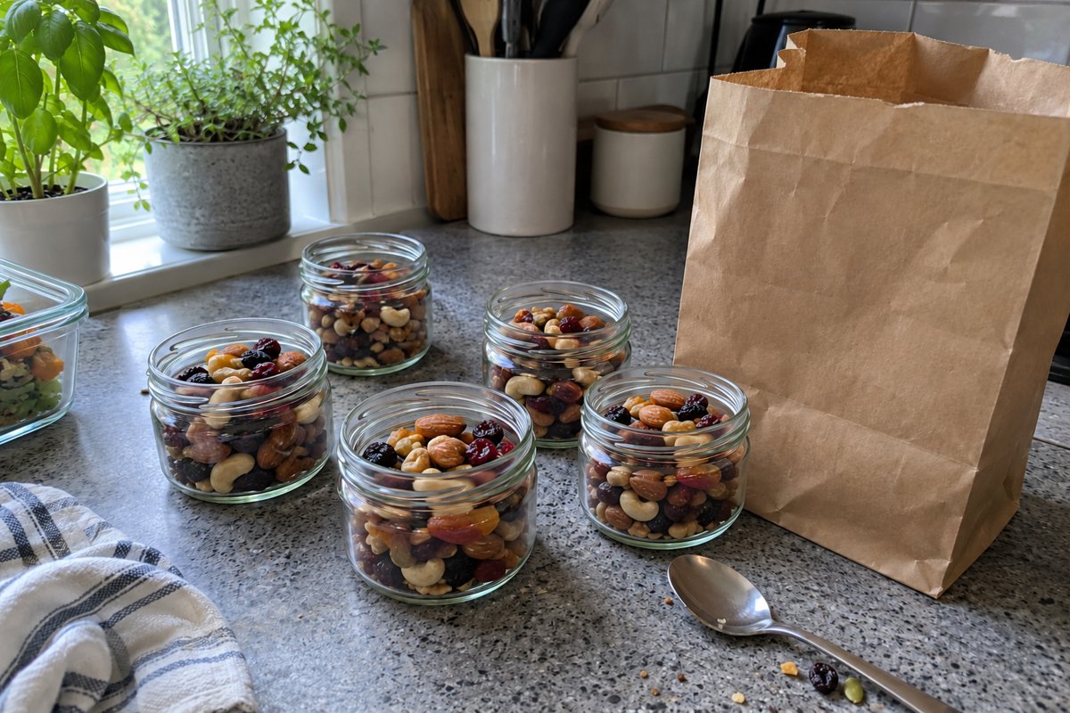 Five small glass jars of mixed nuts and dried fruit beside a large plain paper bag.