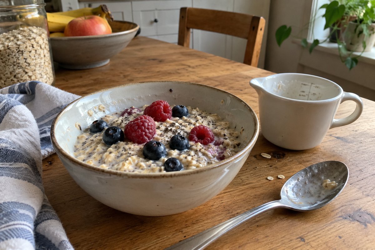 A bowl of overnight oats and berries with a measuring cup and a used spoon.
