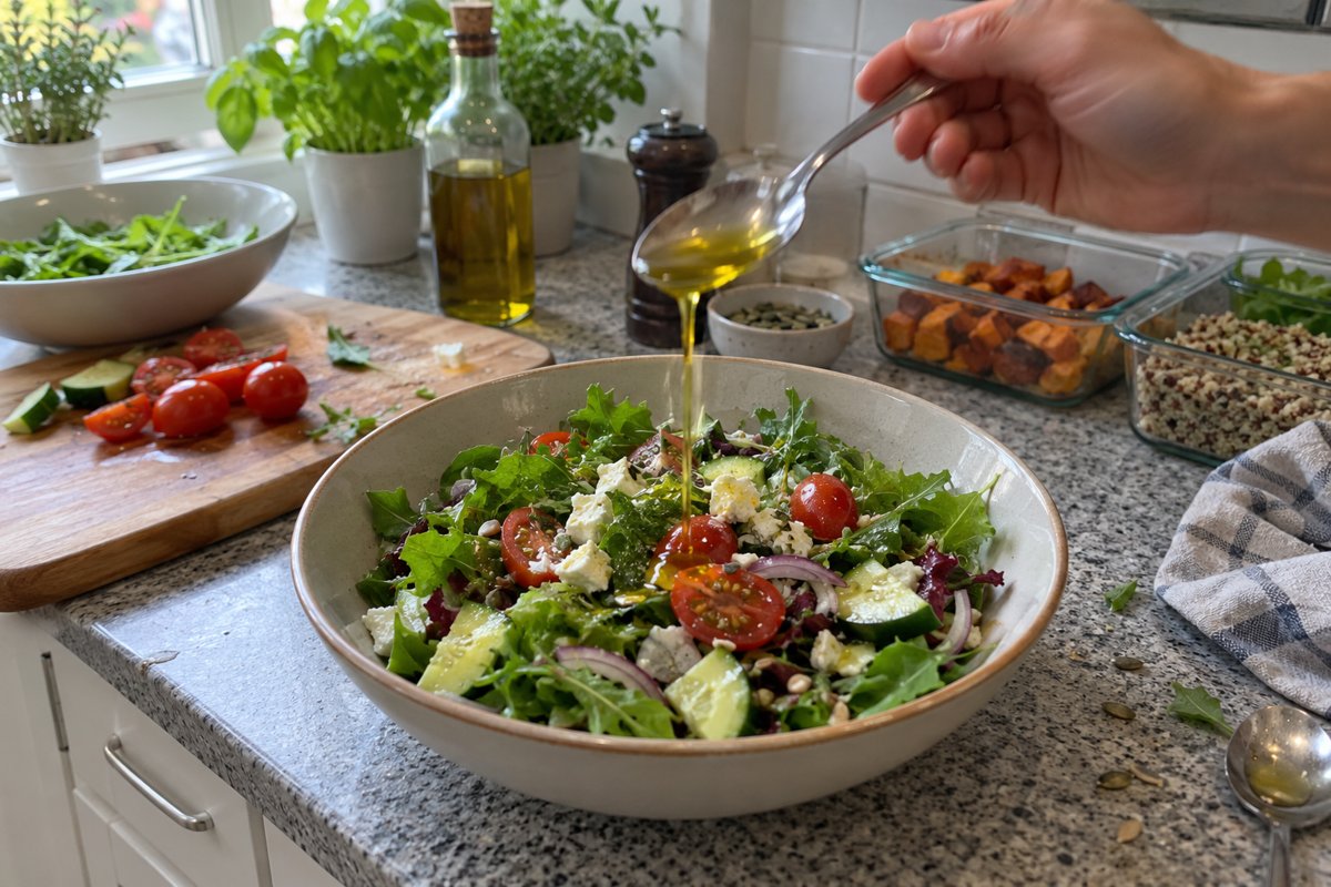 A hand pouring a tablespoon of olive oil over a large bowl of salad.
