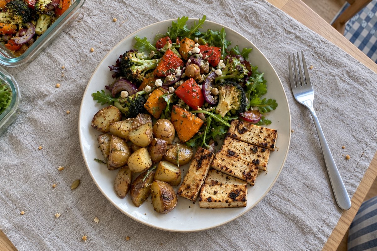 A dinner plate with roasted vegetables and salad on one half, potatoes and grilled tofu on the other.