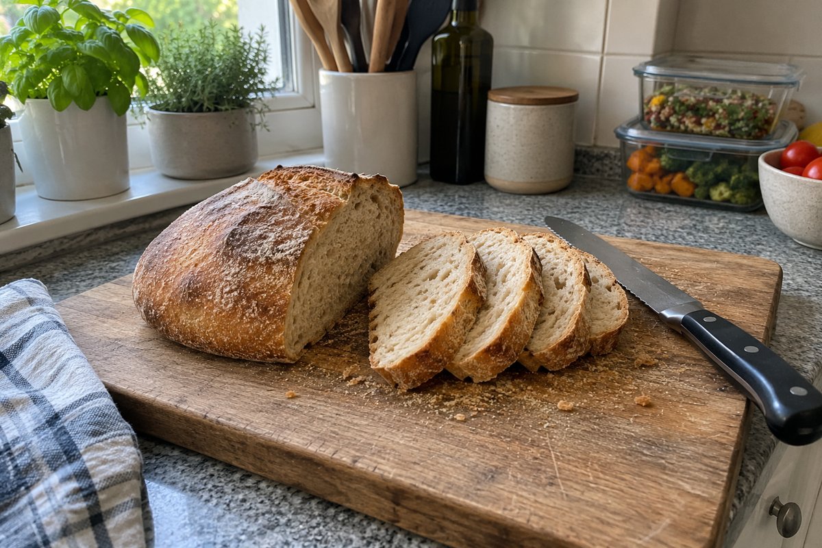 A small homemade loaf on a wooden board, partly cut into even slices, with a bread knife.