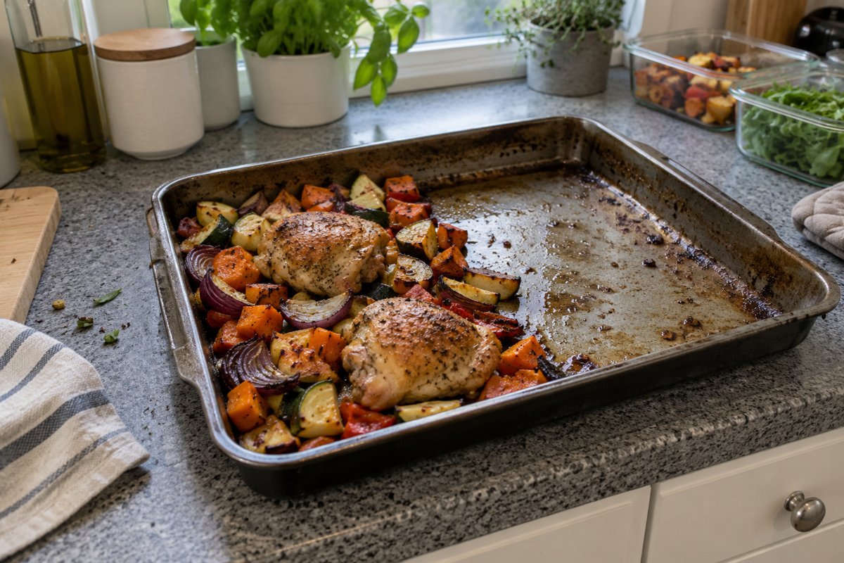 A roasting tray half filled with roasted vegetables and two chicken thighs, the other half empty.