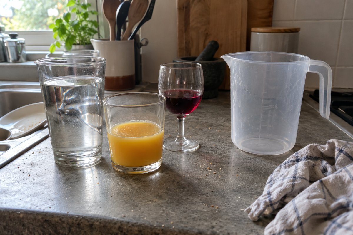 A kitchen measuring jug beside glasses of water, orange juice and a small pour of wine.