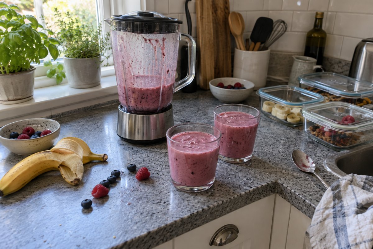 A blender jug of berry smoothie and two small filled glasses on a kitchen worktop.