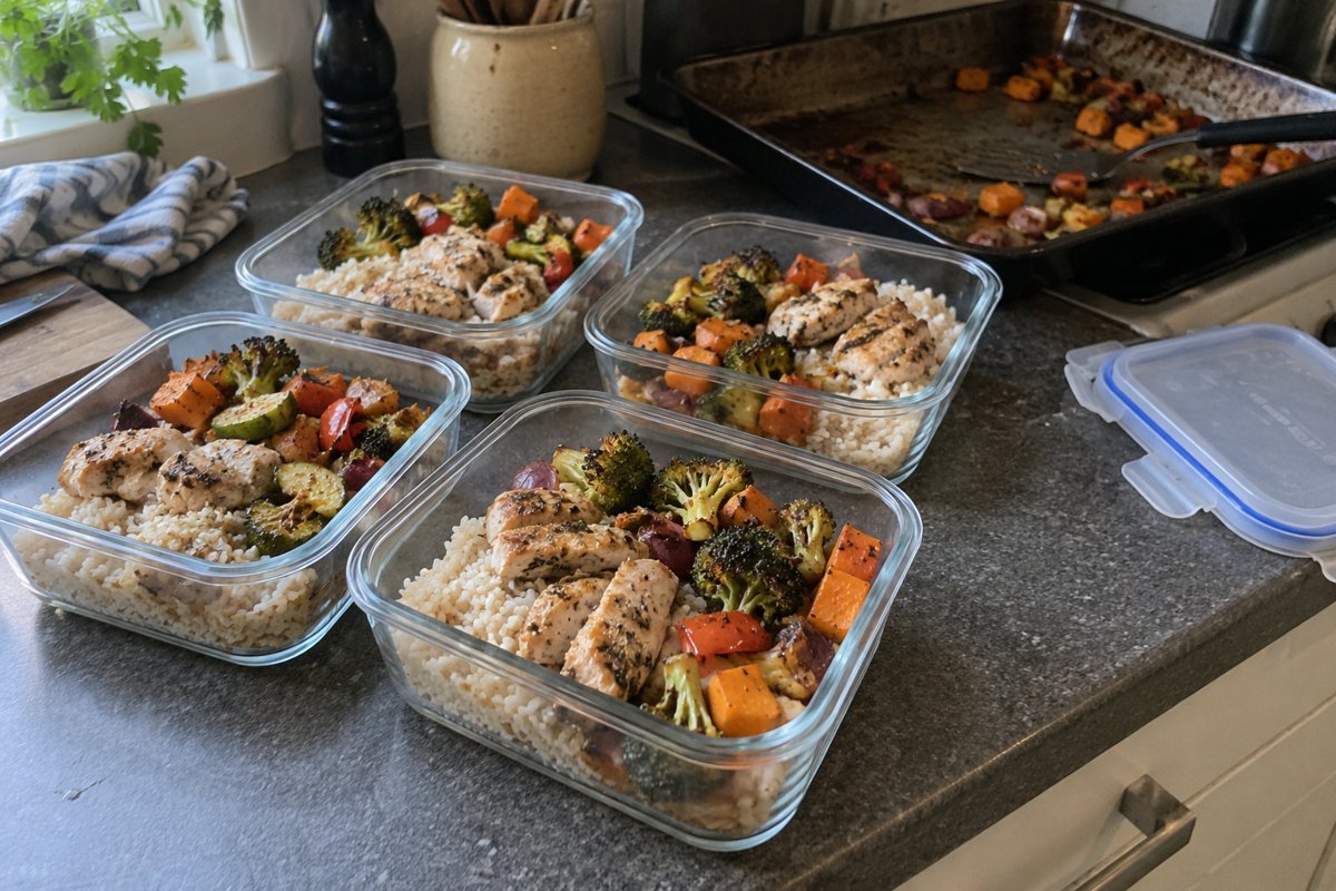 Homemade lunch portions in glass containers beside a used roasting tray.