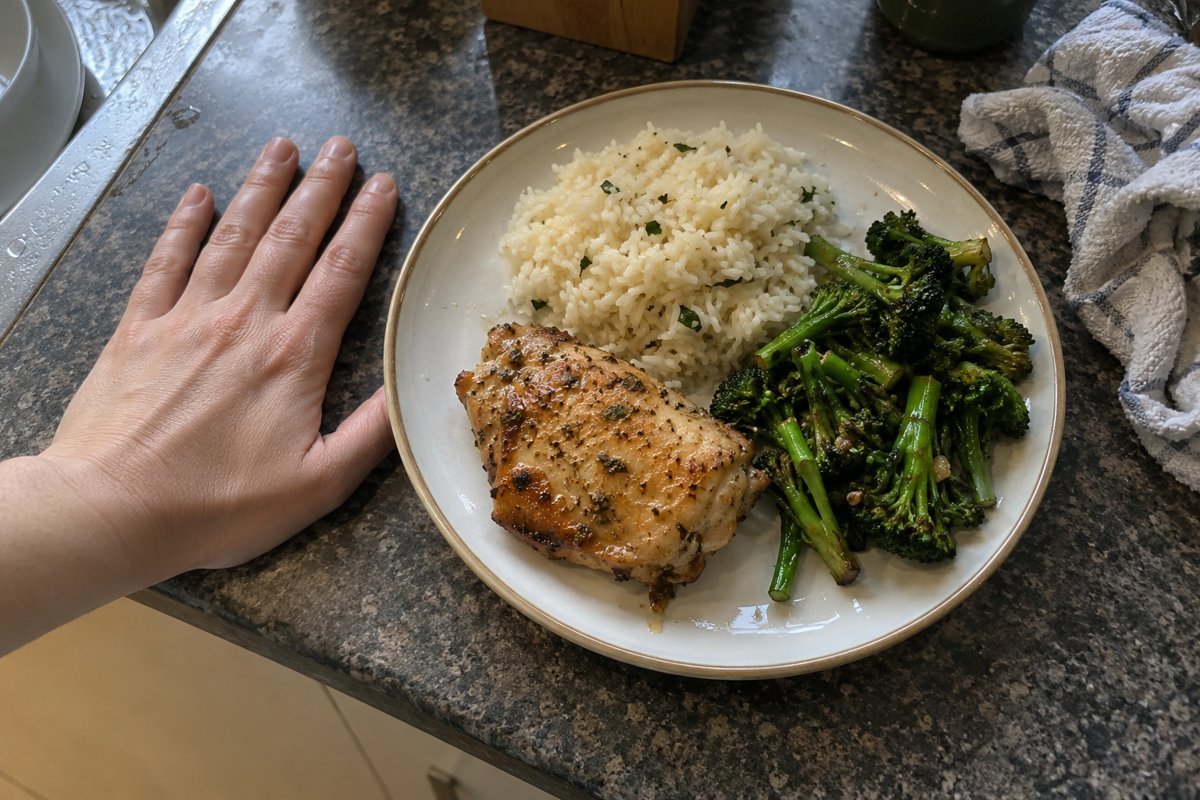 An open hand beside a plate of chicken, rice and broccoli.