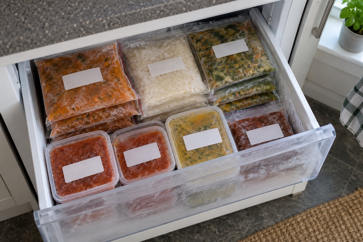 An open freezer drawer with flat bags and small containers of portioned food.
